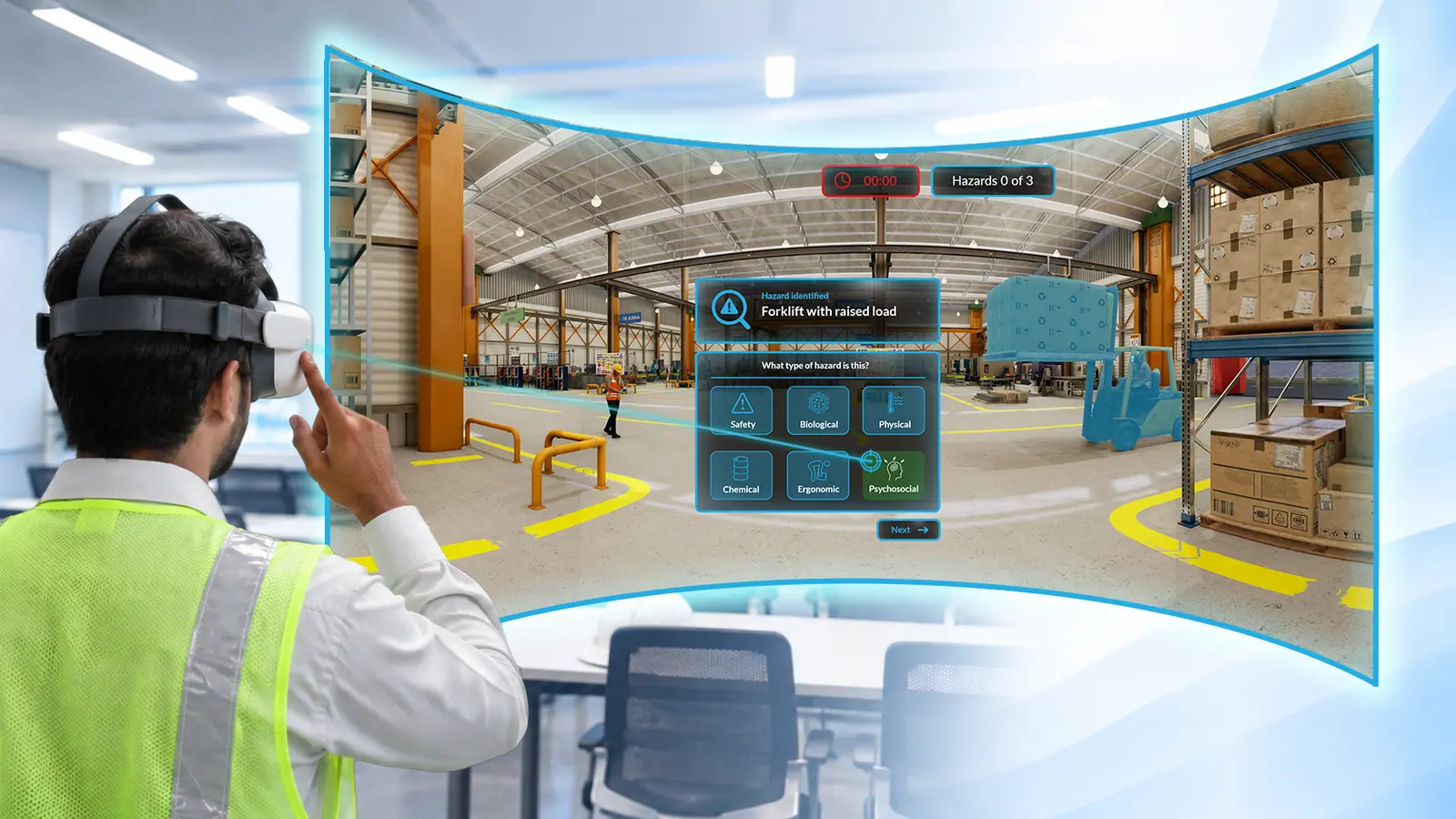 Worker using a VR headset with an interactive HIRA workplace scene